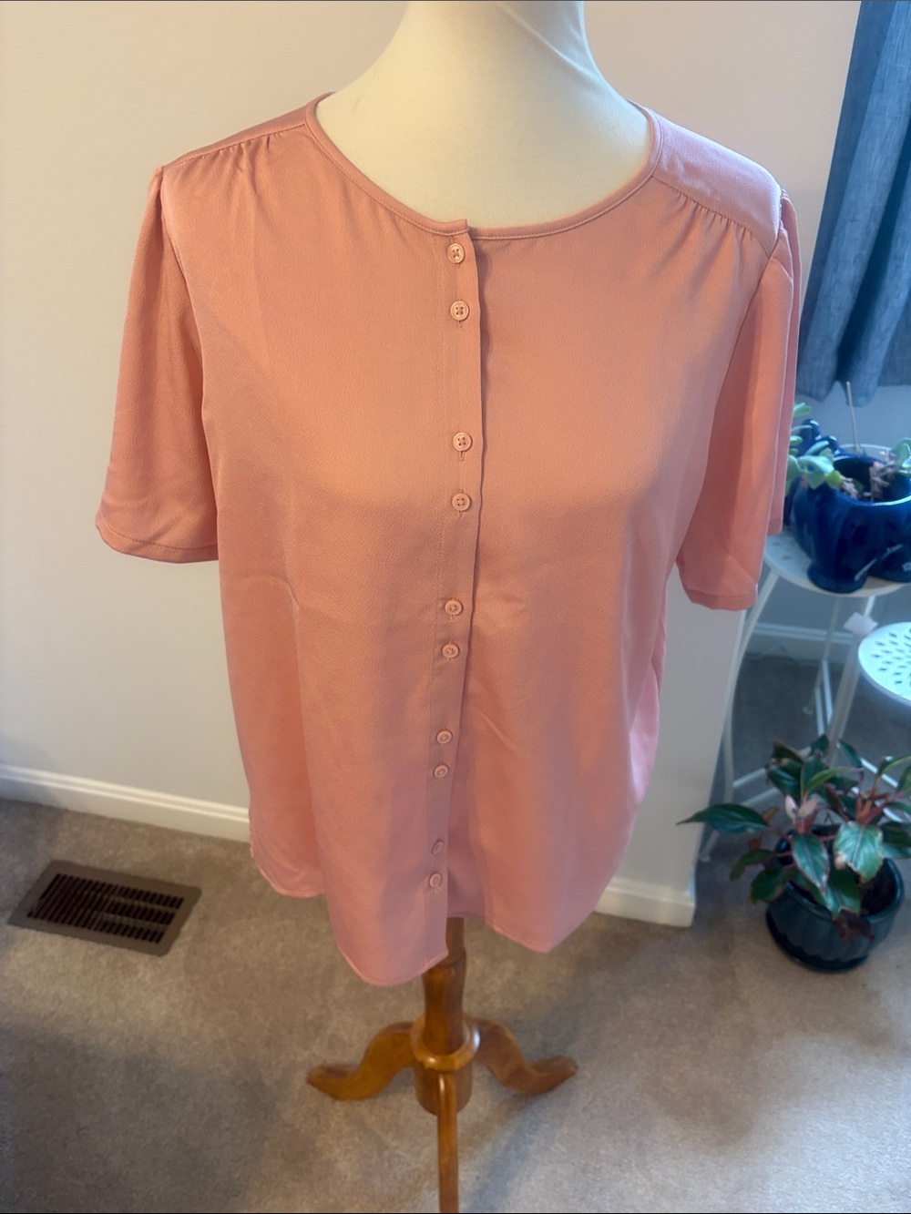 Ann Taylor Short-Sleeve Button-Front Blouse in Dusty Pink